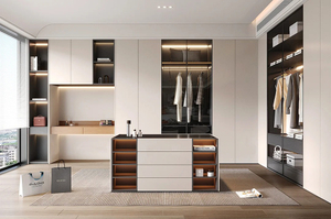 Customed L - shaped Bedroom Closet Whole Set na may Light - toned Wooden Lacquer at Glass - fronted Doors