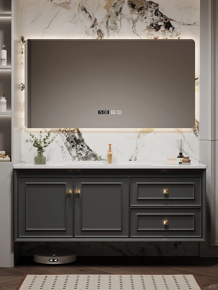 Elegant Grey - Toned Bilik Mandi Kesombongan dengan Penyimpanan yang luas dan Cermin LED Bersepadu