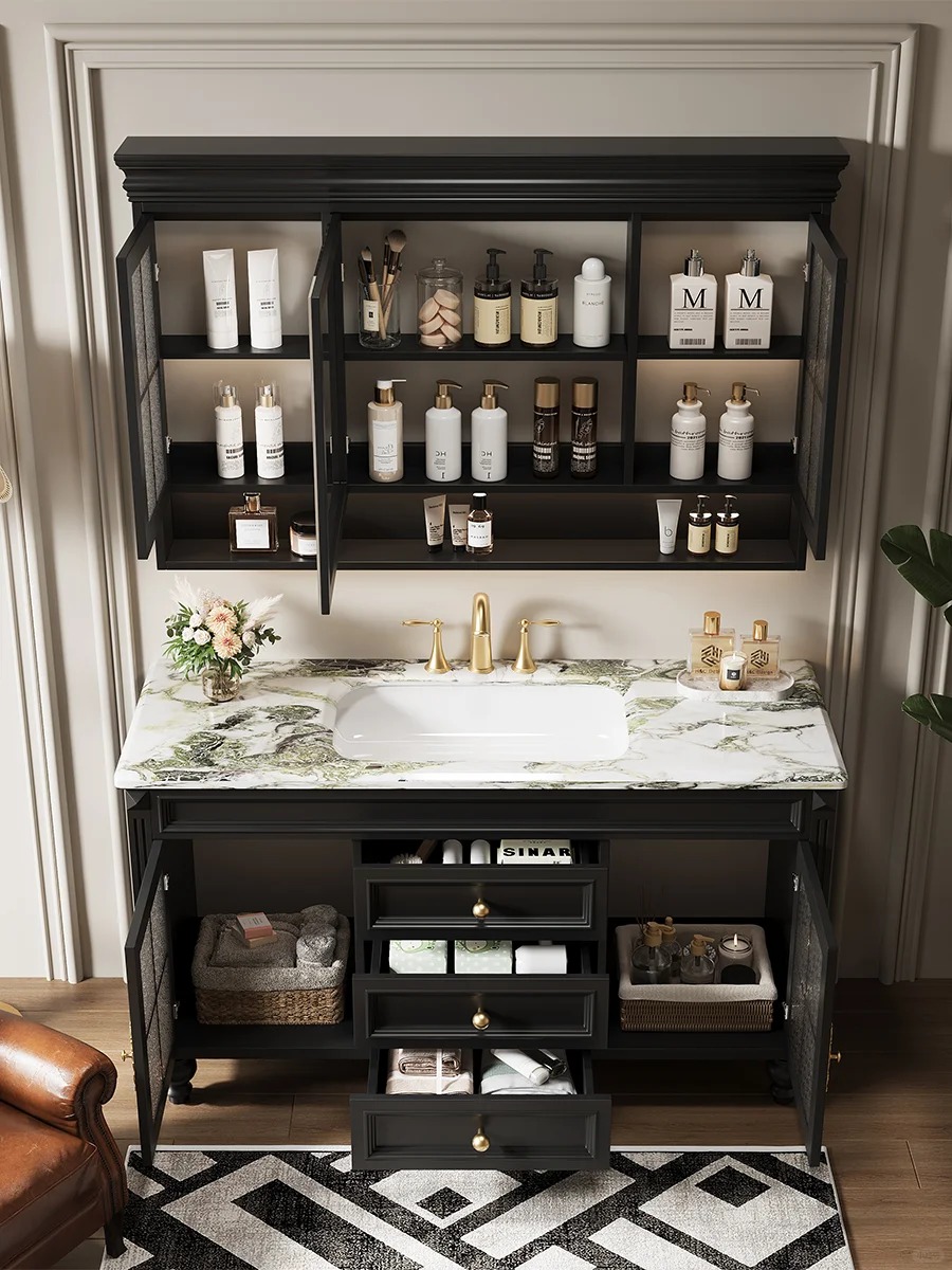 Tocador de ba&ntilde;o de &eacute;bano de estilo lujoso y retro: la combinaci&oacute;n perfecta de almacenamiento y est&eacute;tica.