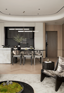 ခေတ်မီဖွင့်ထားသော Open - Darge Dark - Toned Wooned Wooden Cabinets နှင့်အတူခေတ်မီ - မီးဖိုချောင်သုံးဒီဇိုင်း