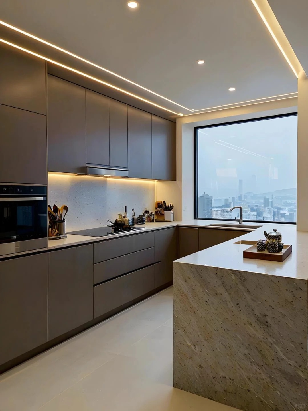 Terbuka - Konsep dapur dengan kabinet gelap yang luas dan praktikal - kelabu