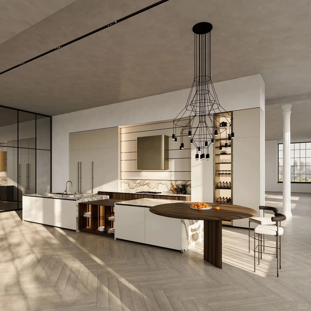 Sofisticata cucina contemporanea aperta - sala da pranzo con armadi in legno chiaro e minimalista di alta qualit&agrave;