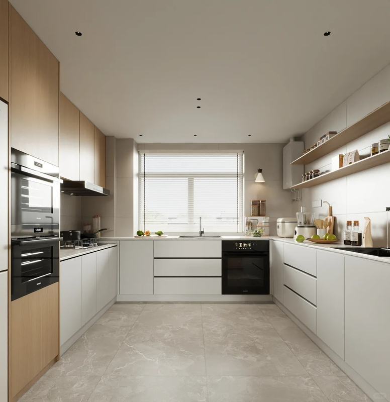 Dapur berbentuk U gaya klasik dengan Cahaya Tradisional yang Elegan - Kabinet kayu