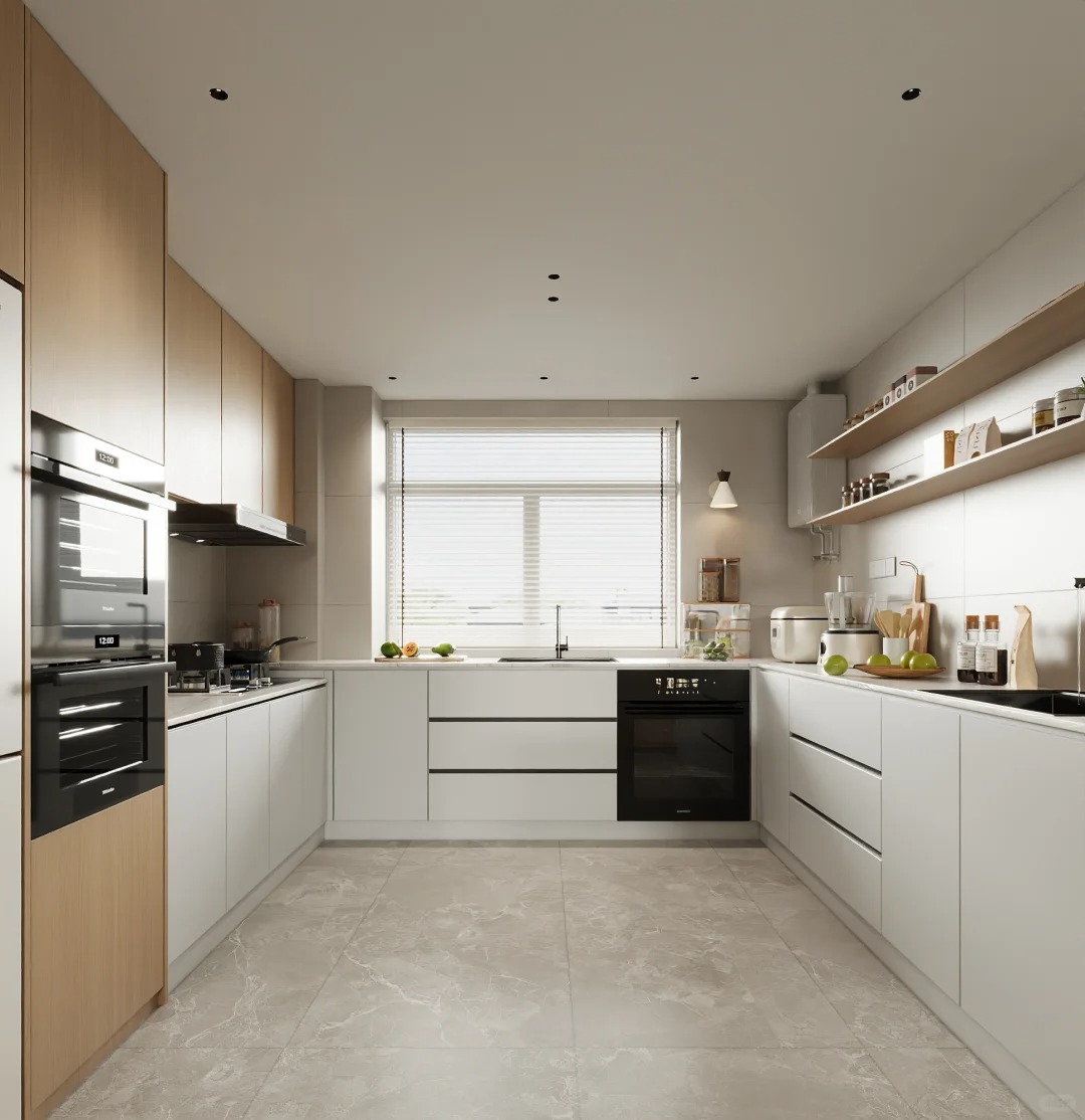 Dapur berbentuk U gaya klasik dengan Cahaya Tradisional yang Elegan - Kabinet kayu