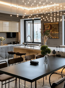 Elegant moderne &aring;bent k&oslash;kken med elegante tofarvede skabe
