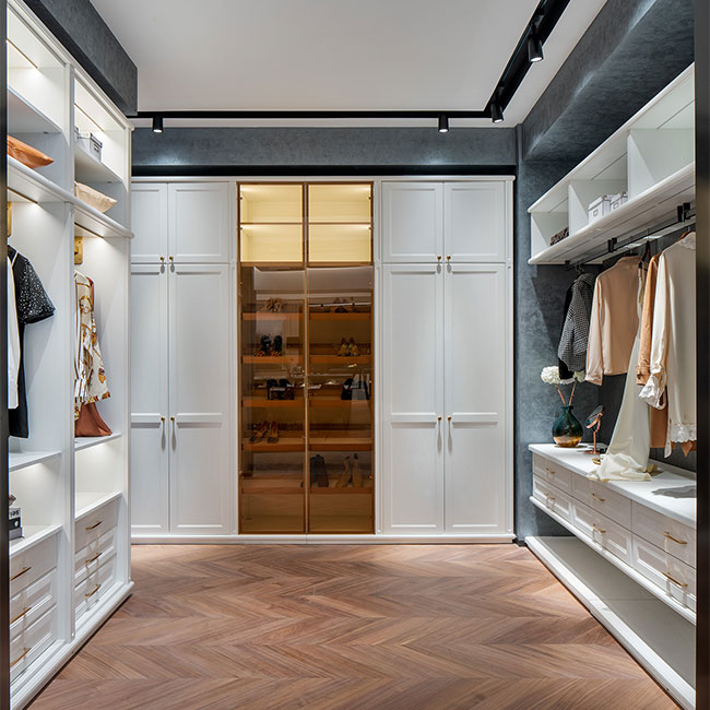 Modular L form glas dörr sovrum möbler garderob shaker dörr promenad i garderober 
