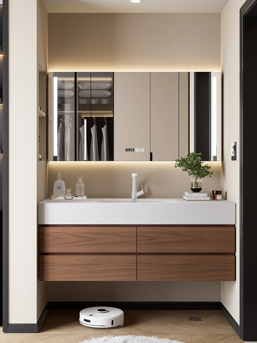 Sophisticated Wood - Finish Badrum fåfänga med marmor - som bänkskiva och organiserade fack