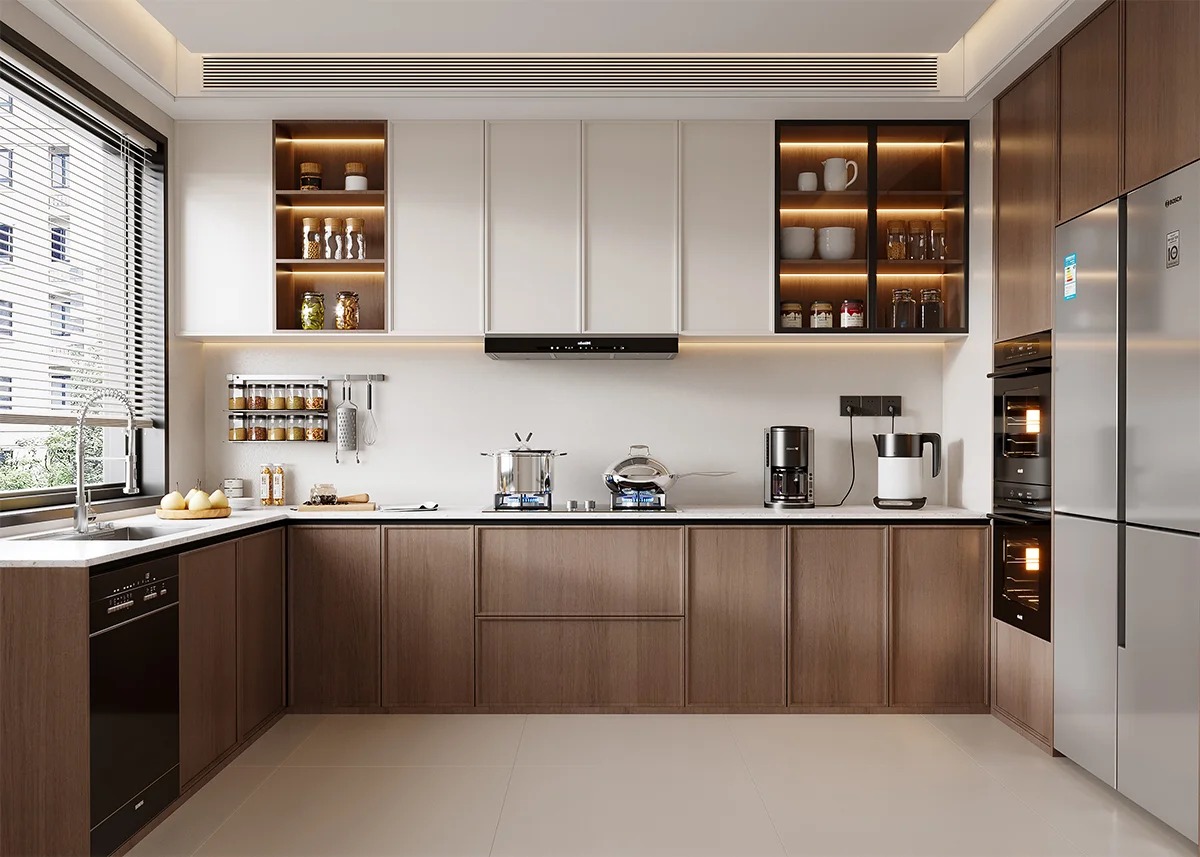 Klasik - Gaya L - Dapur berbentuk dengan kabinet penyimpanan kayu yang elegan, ringan -