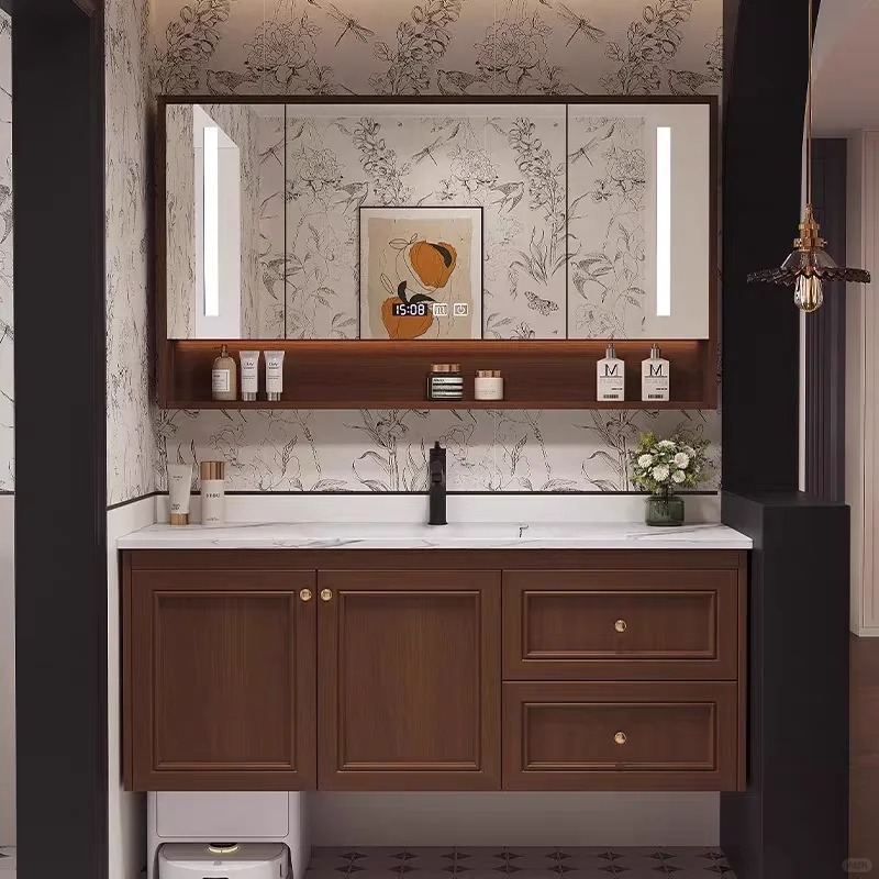 Walnut Elegant - Kekuatan bilik mandi yang tona dengan penyimpanan yang banyak dan cermin bersepadu