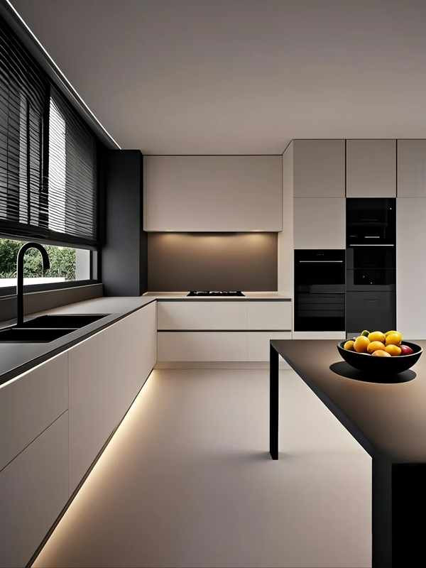 Elegant Modern - Style Open - Plan Խոհանոց `փայլուն սպիտակով եւ սեւ պահարաններով