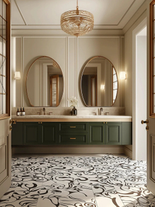 Elegante dubbele - wasbak badkamer nietigheid met groen - getinte kaste en ovaal spieëls